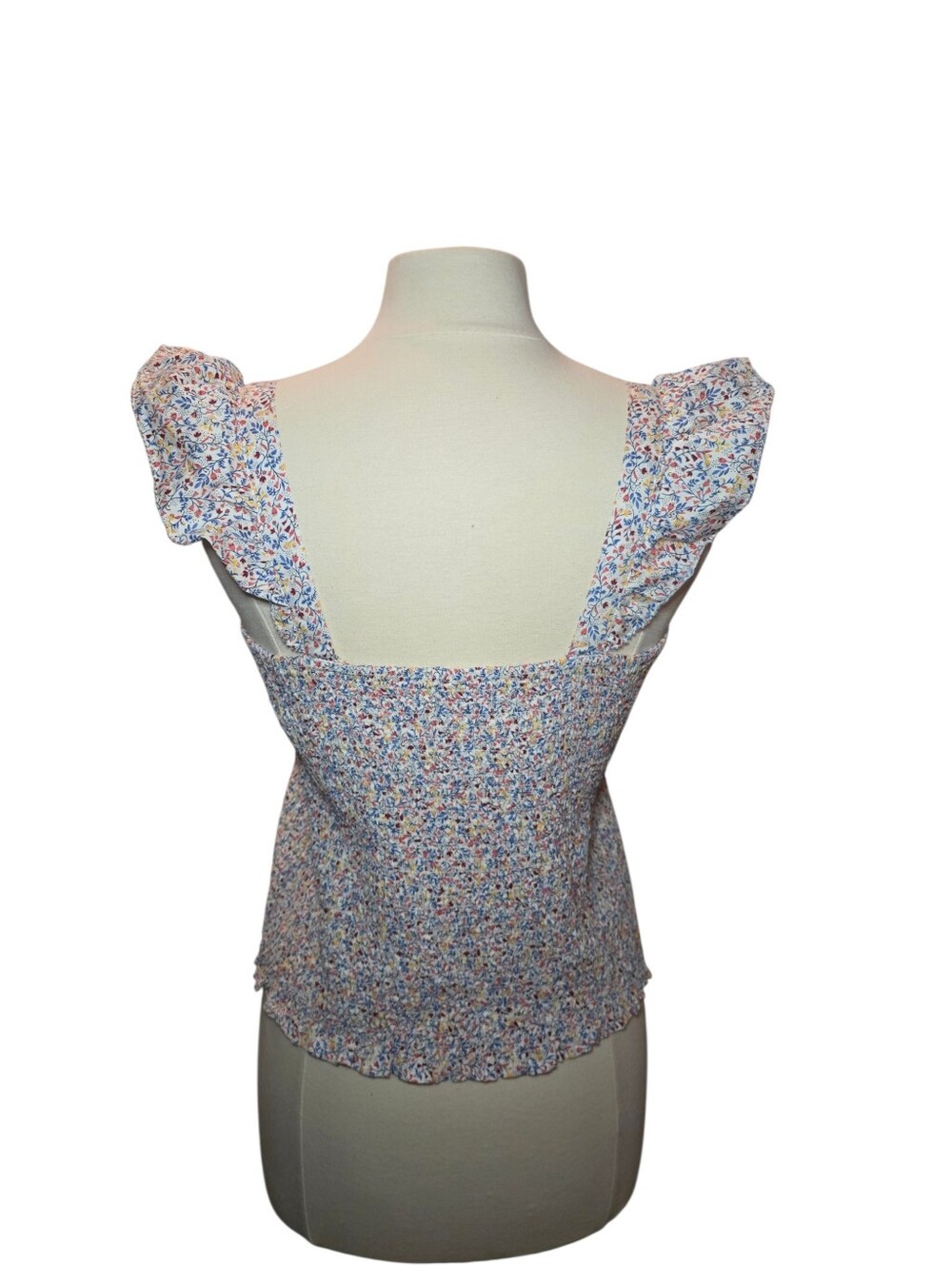 Old Navy Ruched Stretch Bodice Floral Cropped Flutter Sleeve Blouse Top Large - Picture 4 of 10
